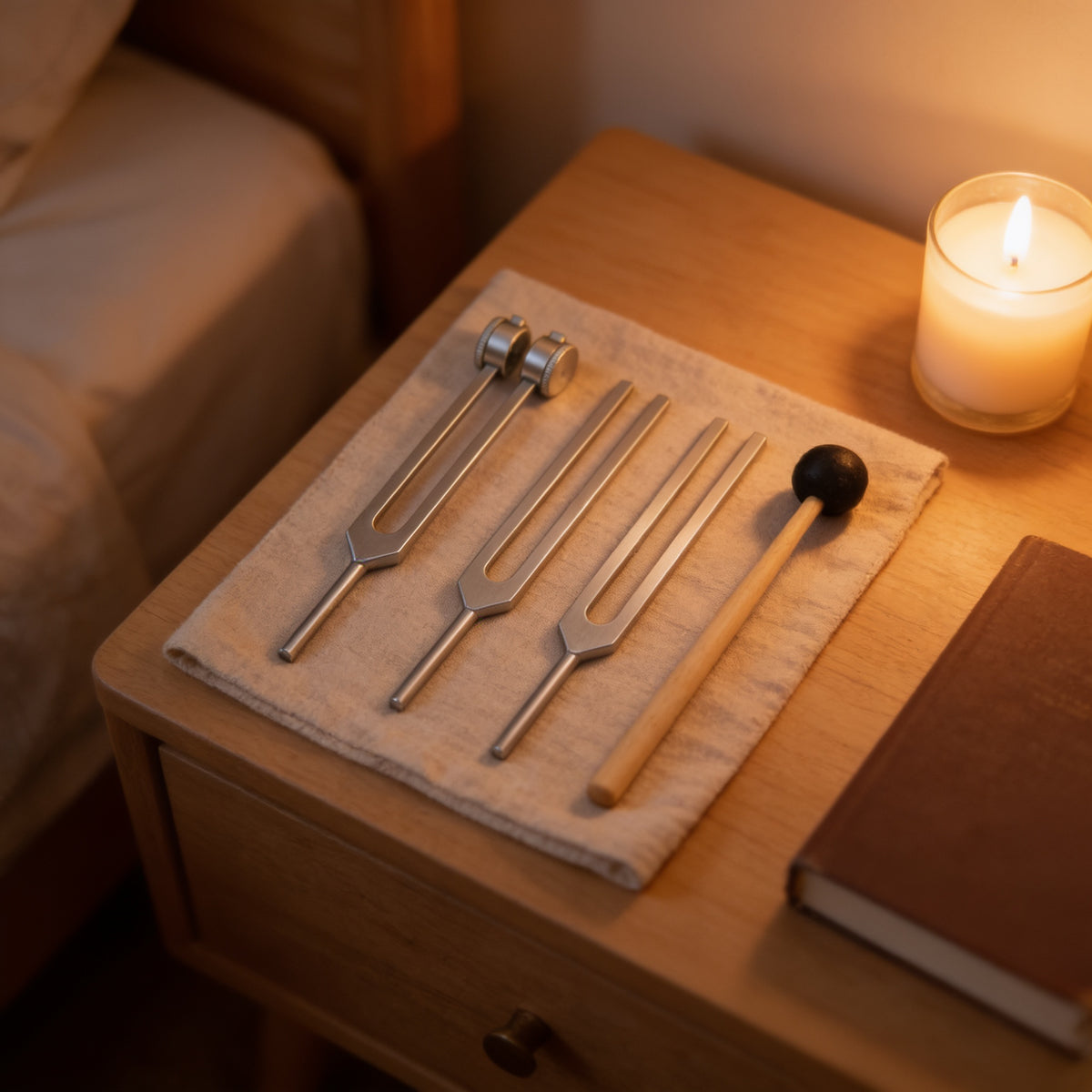 Wind-Down Trio: 3 tuning forks and mallet on a nightstand