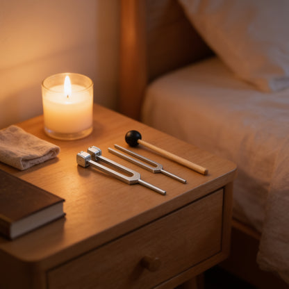 Feel & Hear Duo: 2 tuning forks and mallet on a nightstand