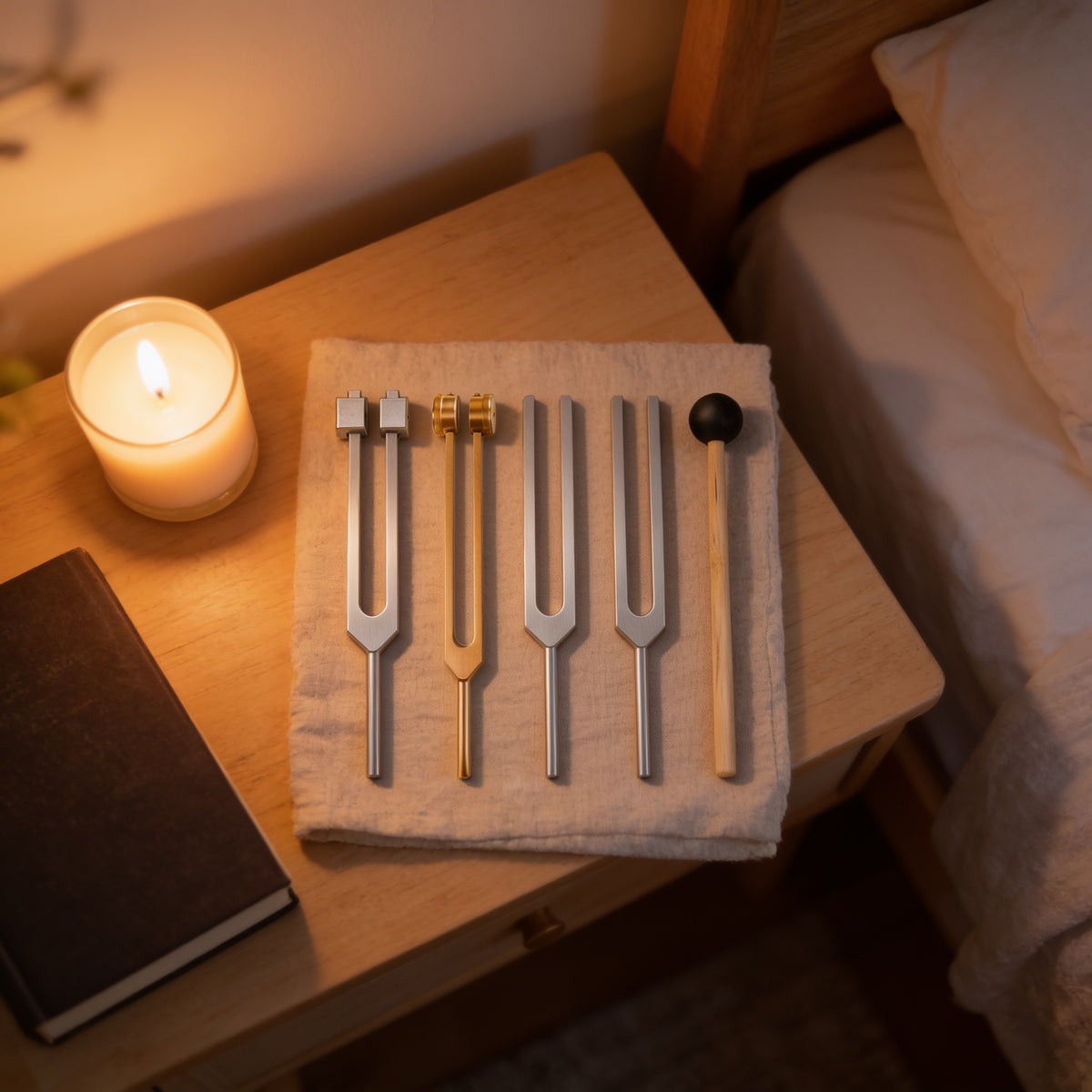 Evening Ritual Set: 4 tuning forks and mallet on a nightstand