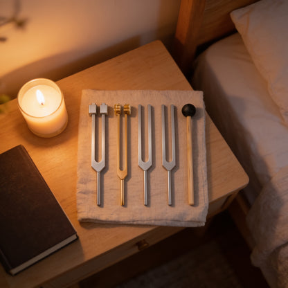 Evening Ritual Set: 4 tuning forks and mallet on a nightstand